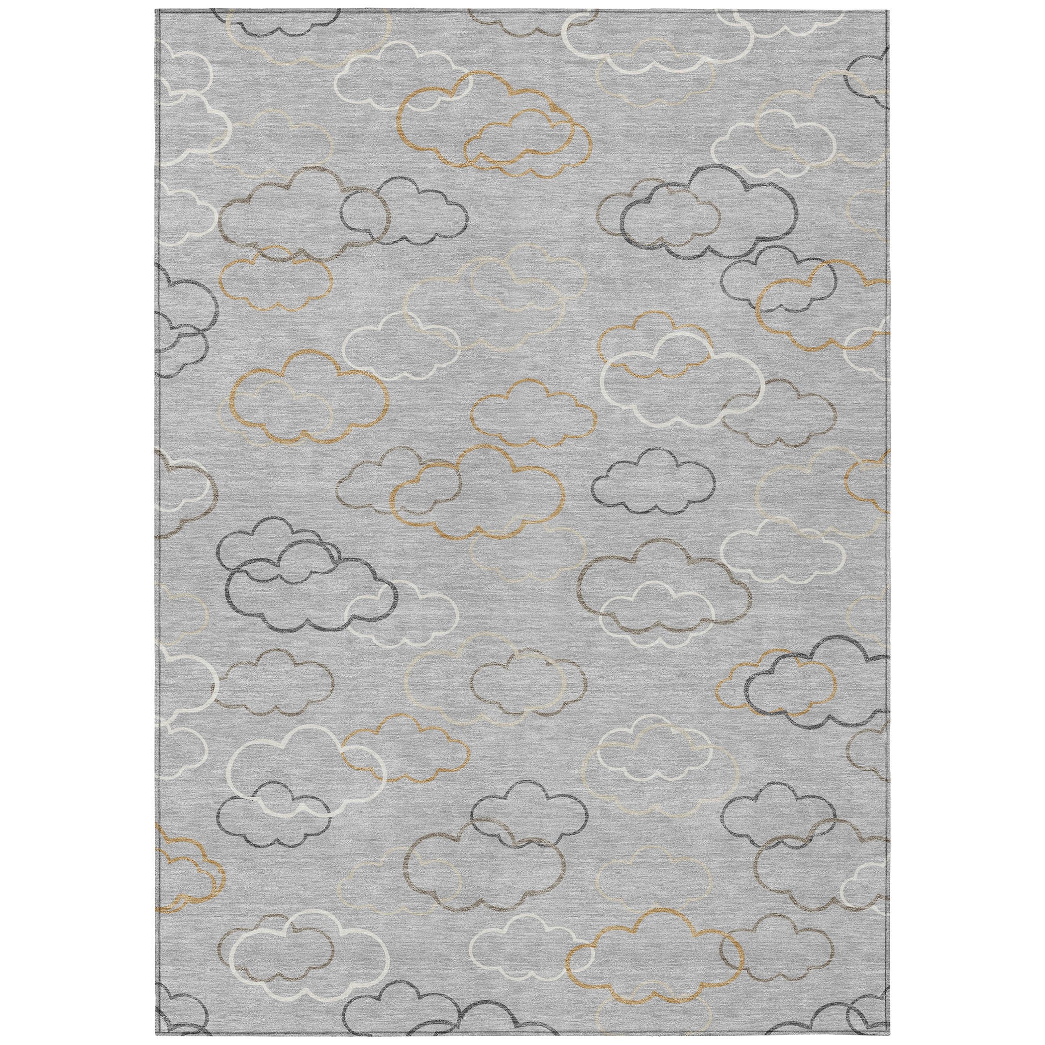Silver area rug with repeating cloud outline pattern in gray and beige