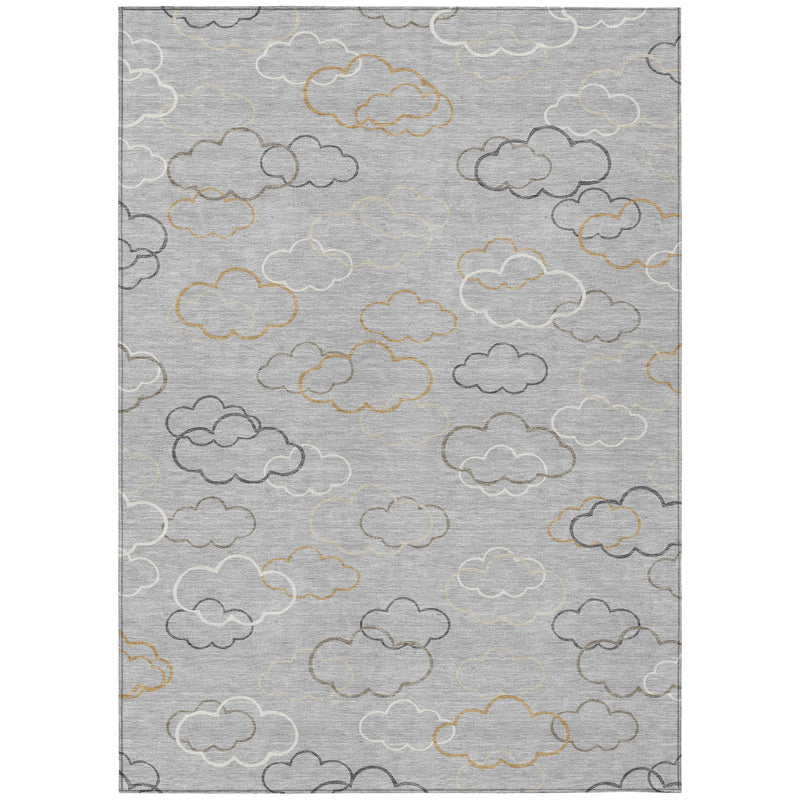 Silver area rug with repeating cloud outline pattern in gray and beige