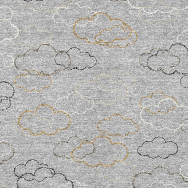Silver rug surface close-up with cloud motifs in gray and beige/gold accents