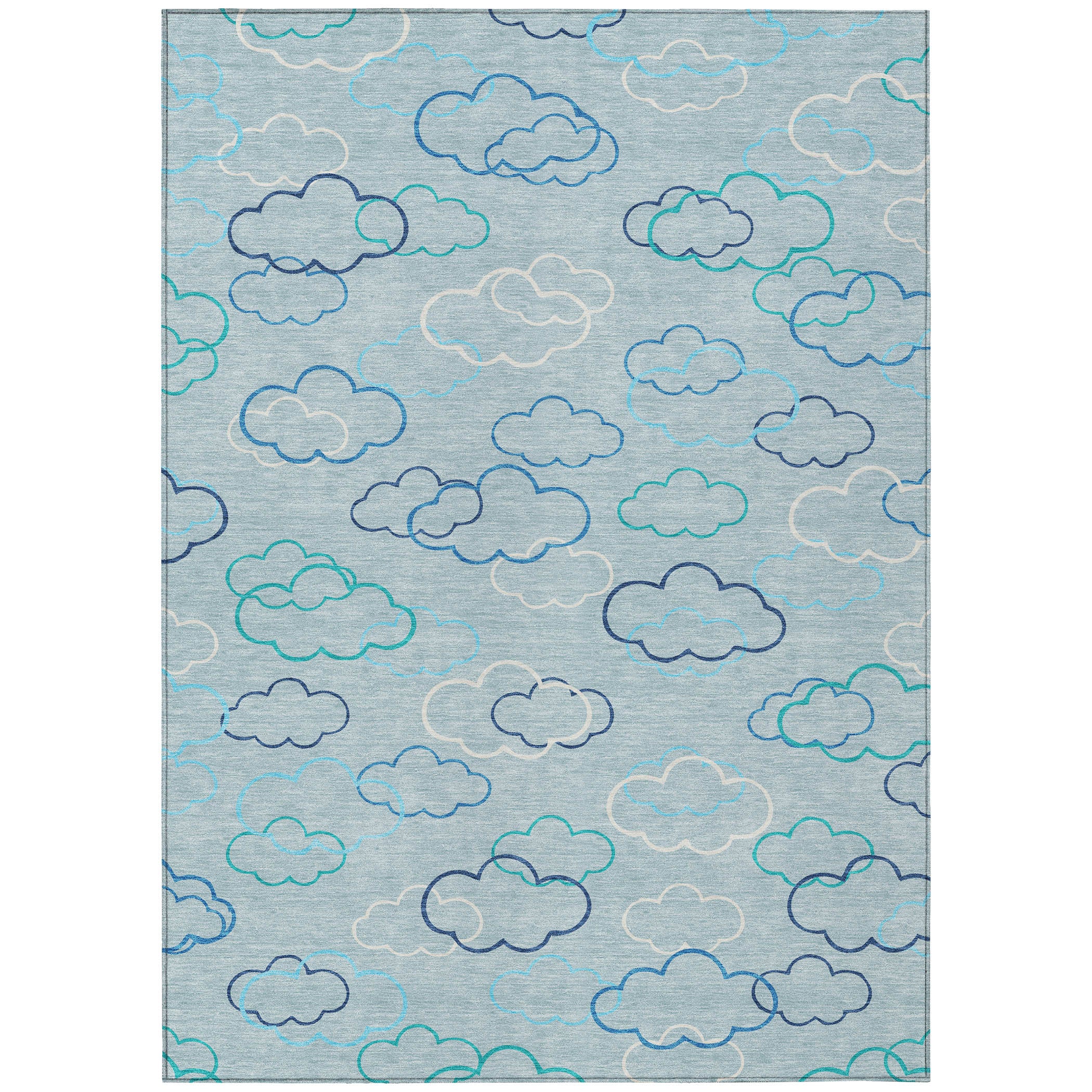 Sky blue area rug with repeating cloud motif in navy and teal outlines