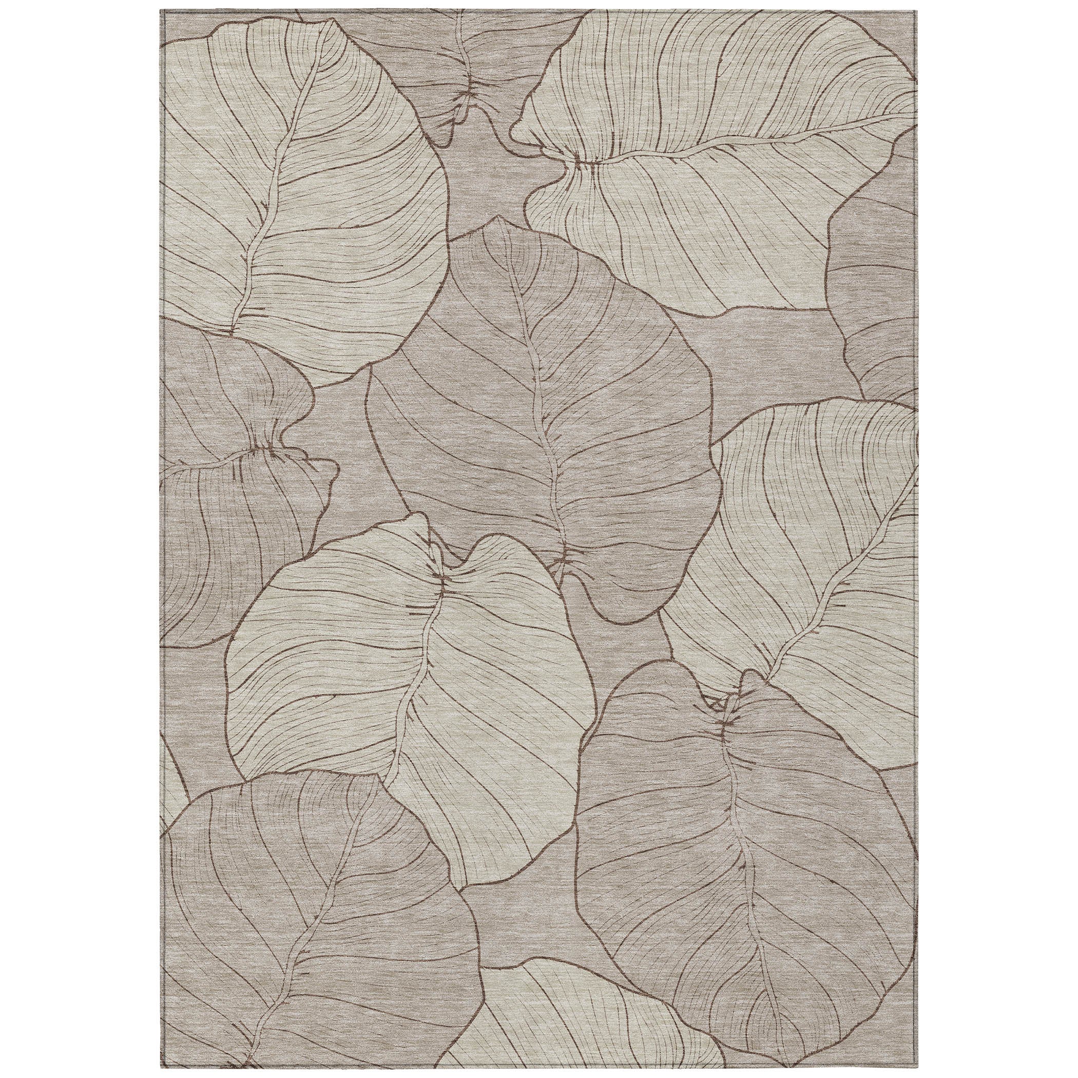 Taupe and beige floral leaf indoor/outdoor area rug, full design view