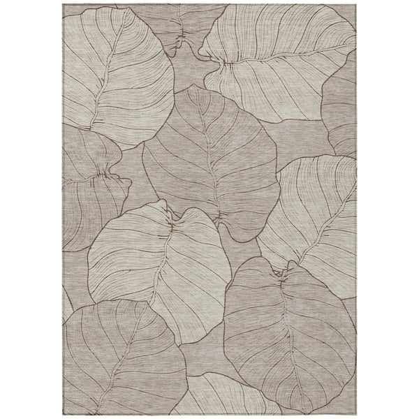 Taupe and beige floral leaf indoor/outdoor area rug, full design view