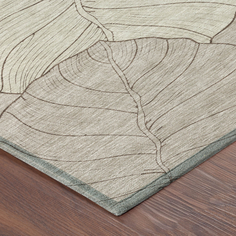 Taupe and beige leaf floral area rug corner with light teal backing