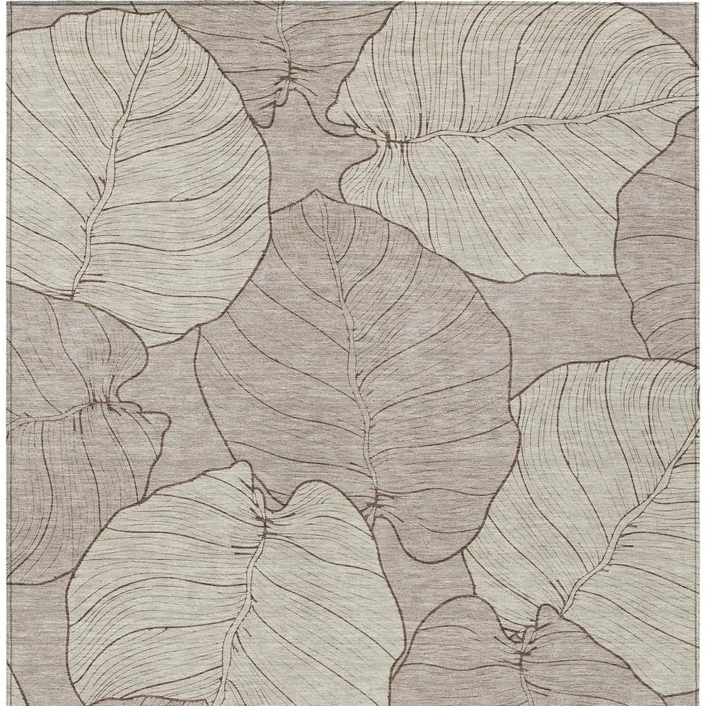Taupe and beige leaf floral indoor/outdoor area rug, close-up pattern
