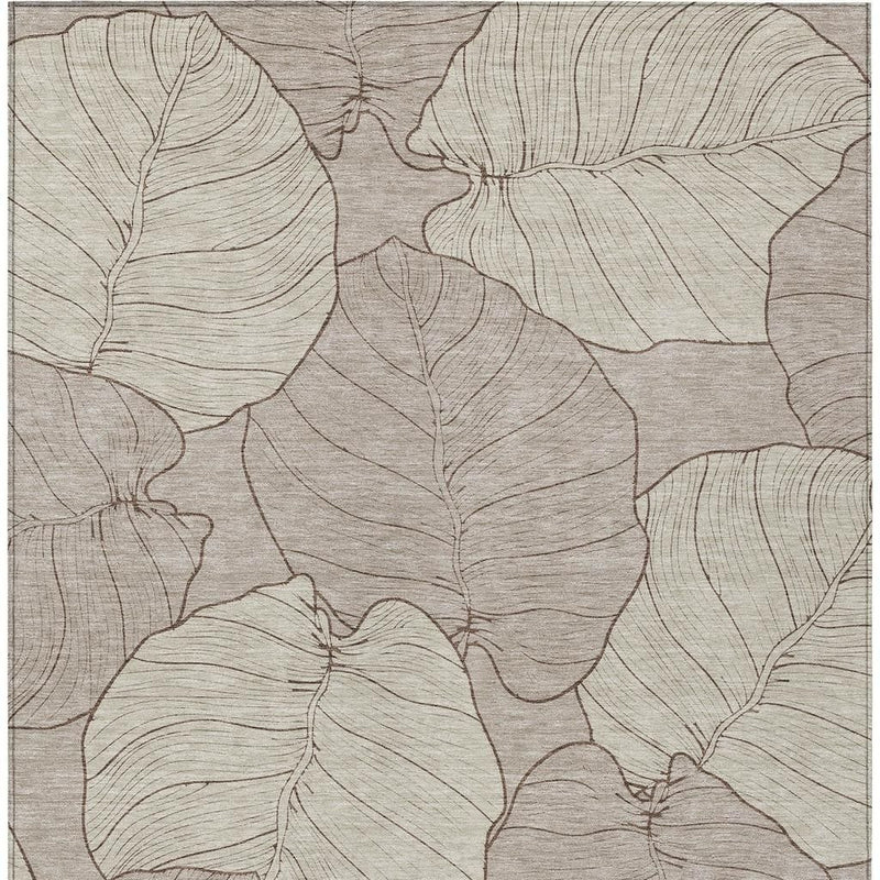 Taupe and beige leaf floral indoor/outdoor area rug, close-up pattern
