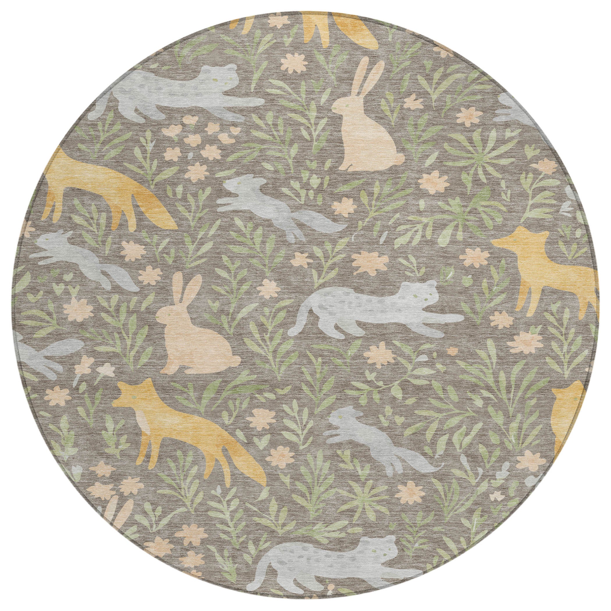 Round area rug with forest animal and leaf pattern in taupe, green, and gold