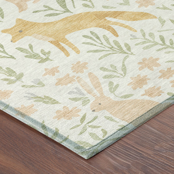 Ivory area rug with pink and green botanical leaf pattern and corner edge detail