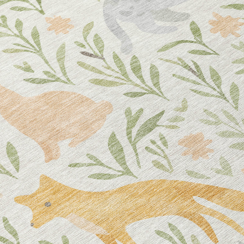 Ivory area rug close-up with green leaf sprigs, gray animals, and tan accents