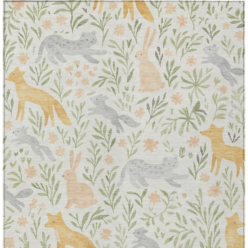Ivory area rug with scattered gray and tan animals, green sprigs, and floral accents