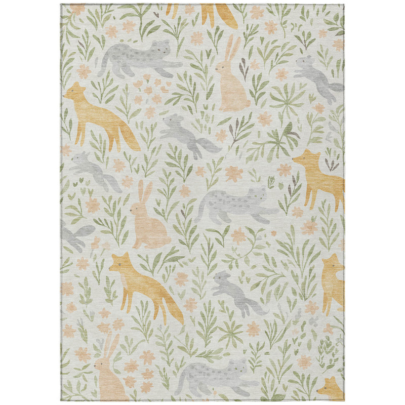 Ivory area rug with botanical leaves and grazing animal silhouettes, full view