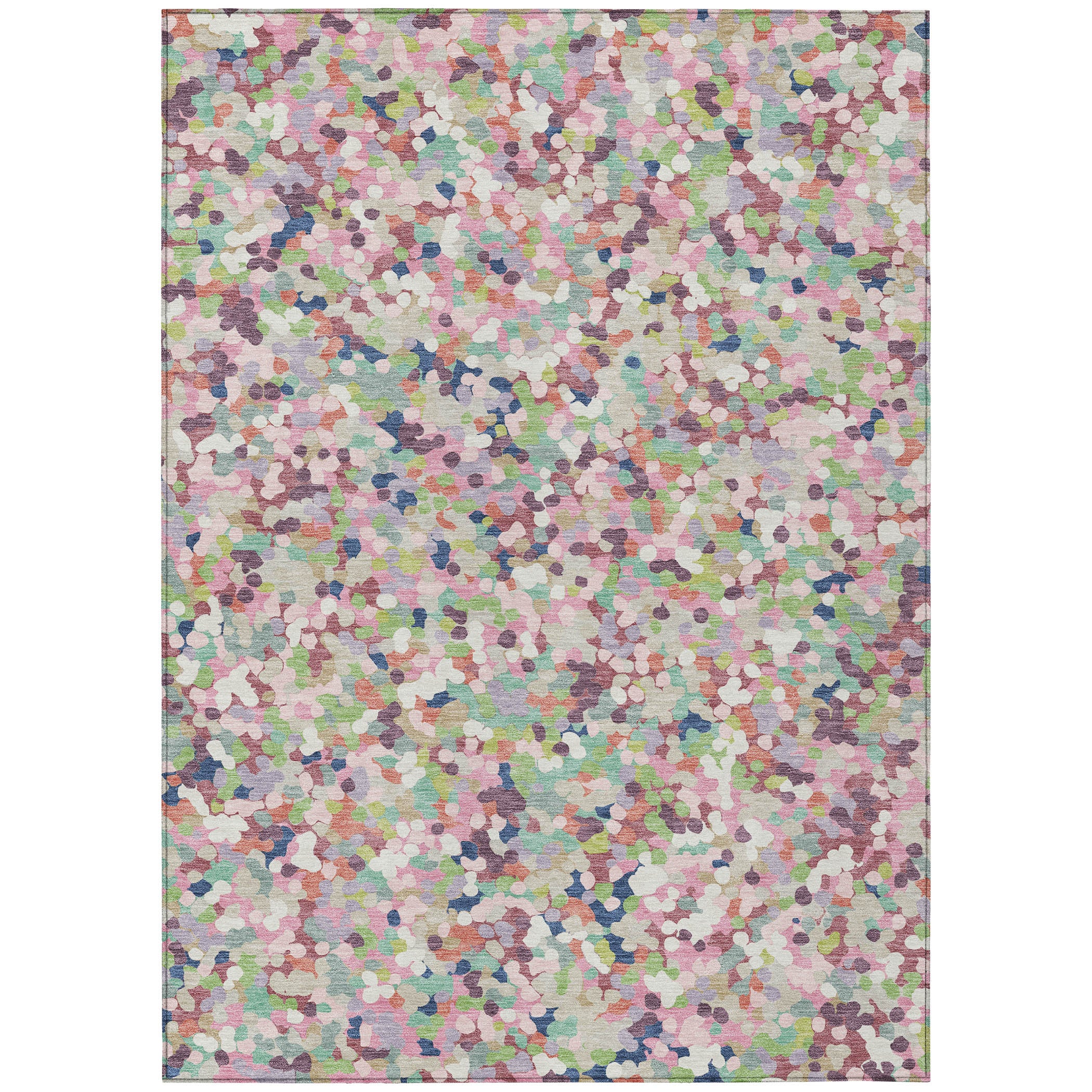 Indoor/outdoor area rug with multicolor speckled geometric pattern in pastel tones