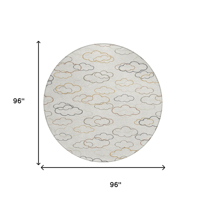 Round 96-inch area rug with cloud outline pattern on light gray