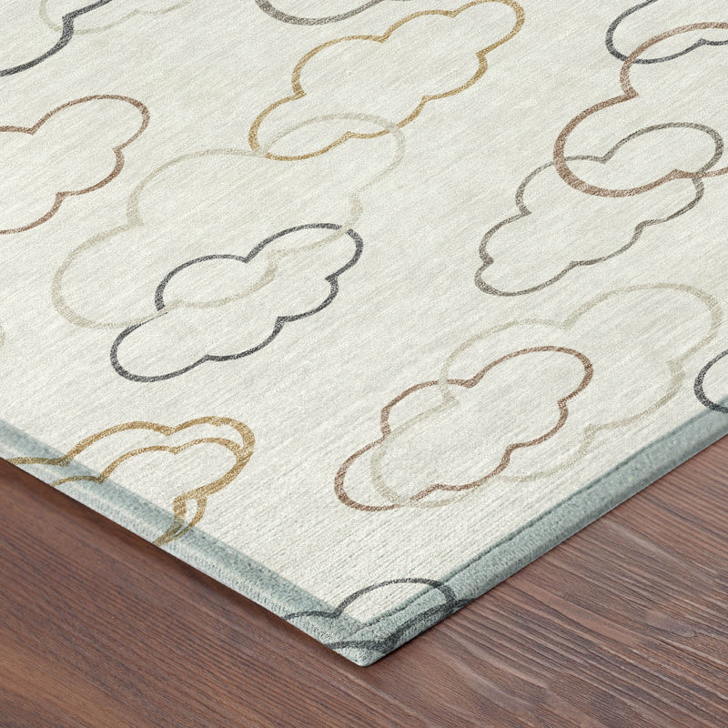 Close-up corner of round rug with cloud line pattern on light gray, multicolor