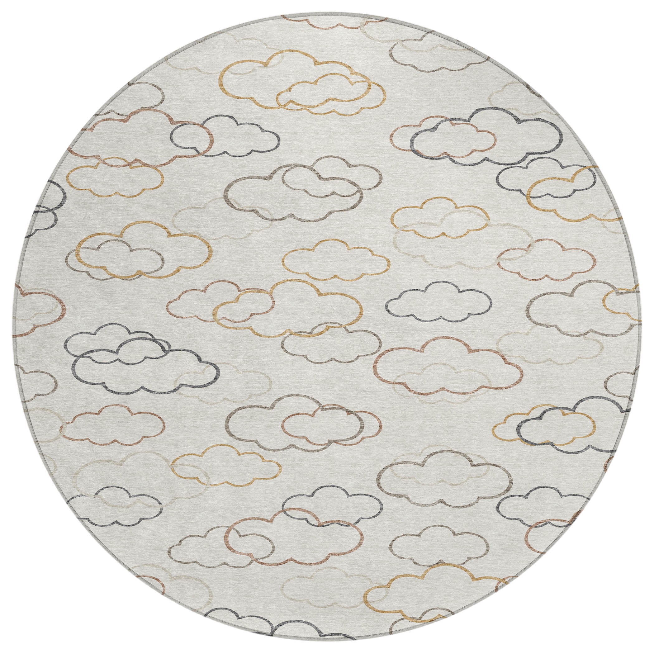 Round area rug with scattered cloud outlines in gray, tan, and gold on light gray