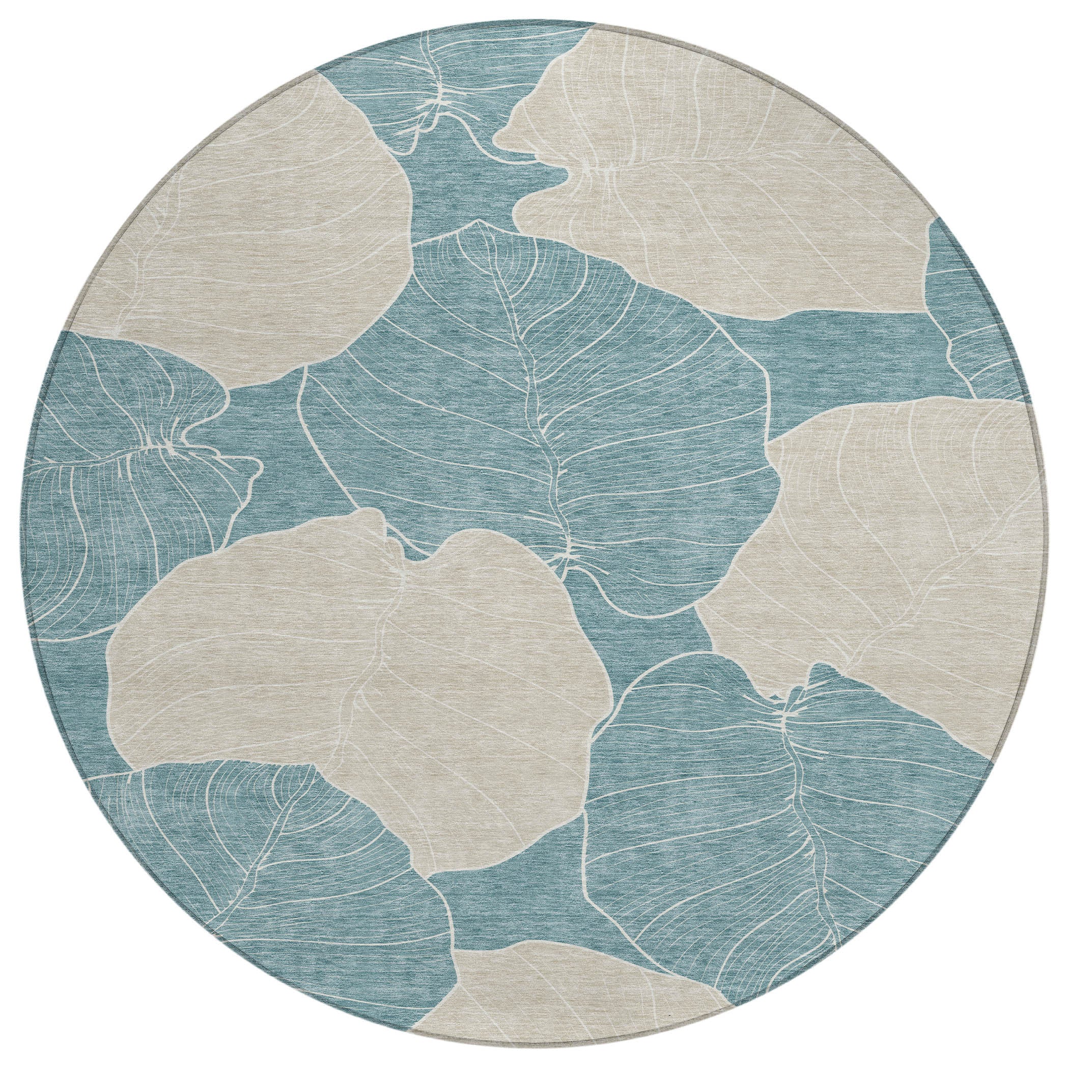 Round teal and ivory leaf-pattern area rug with off-white centers
