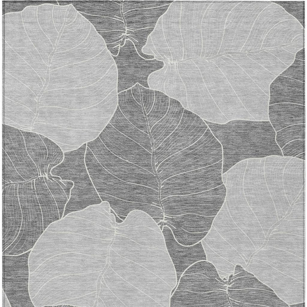 Gray and ivory floral leaf-pattern washable indoor outdoor area rug