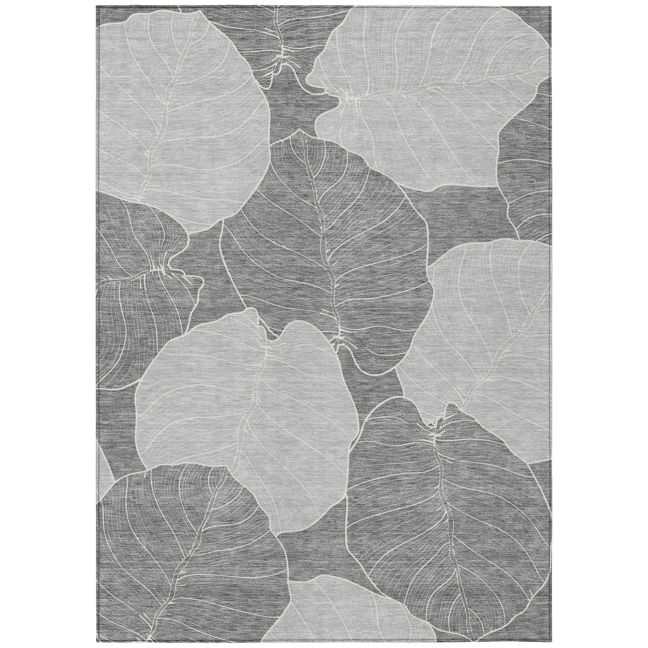 Gray and ivory floral leaf-pattern area rug with distressed outline design