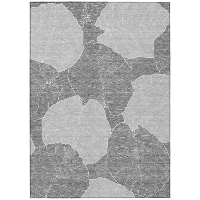 Gray and ivory floral leaf-pattern area rug with distressed outline design