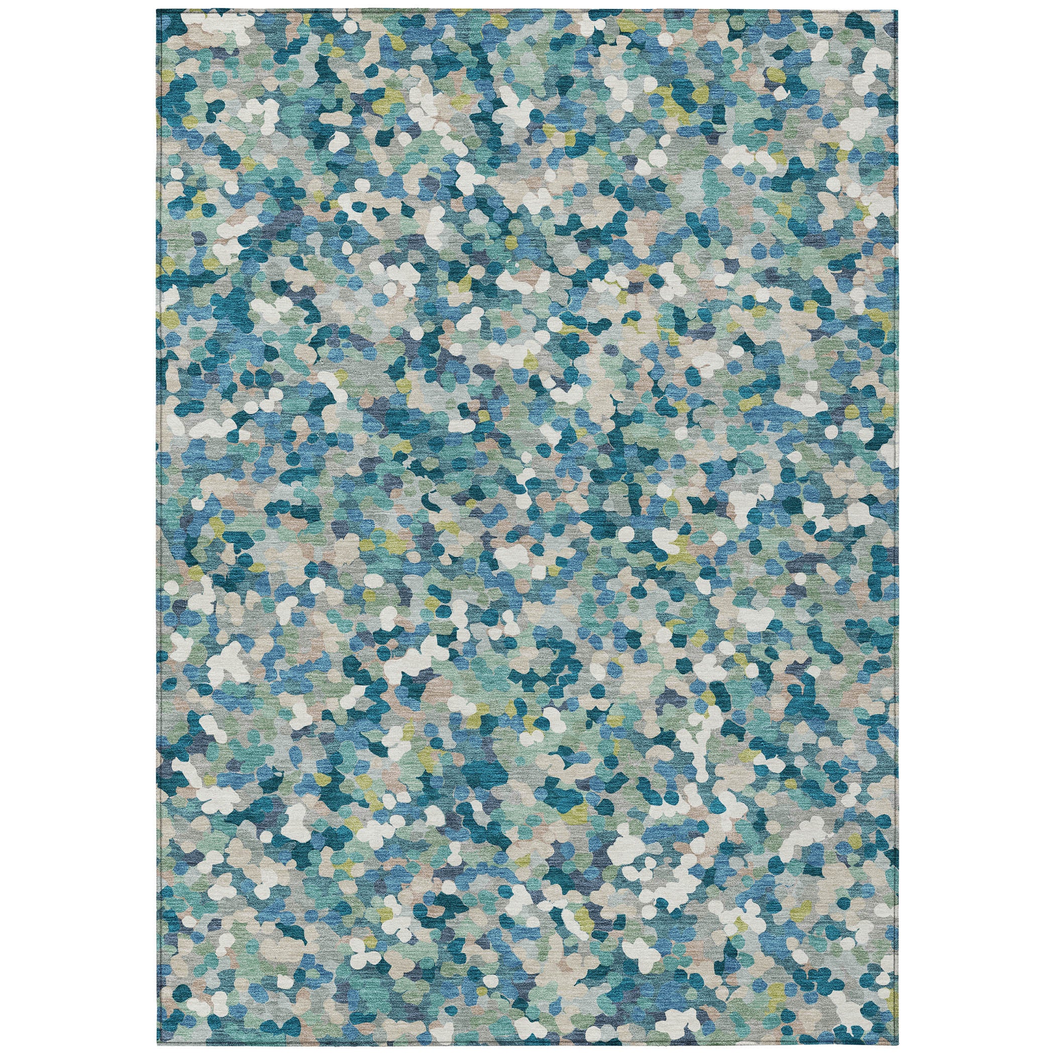 Teal blue geometric area rug with speckled abstract shapes in white, blue, and green