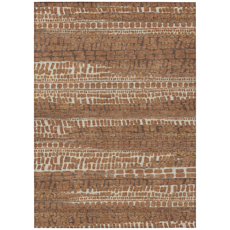 Rectangle indoor outdoor area rug with abstract brick motif in brown and cream