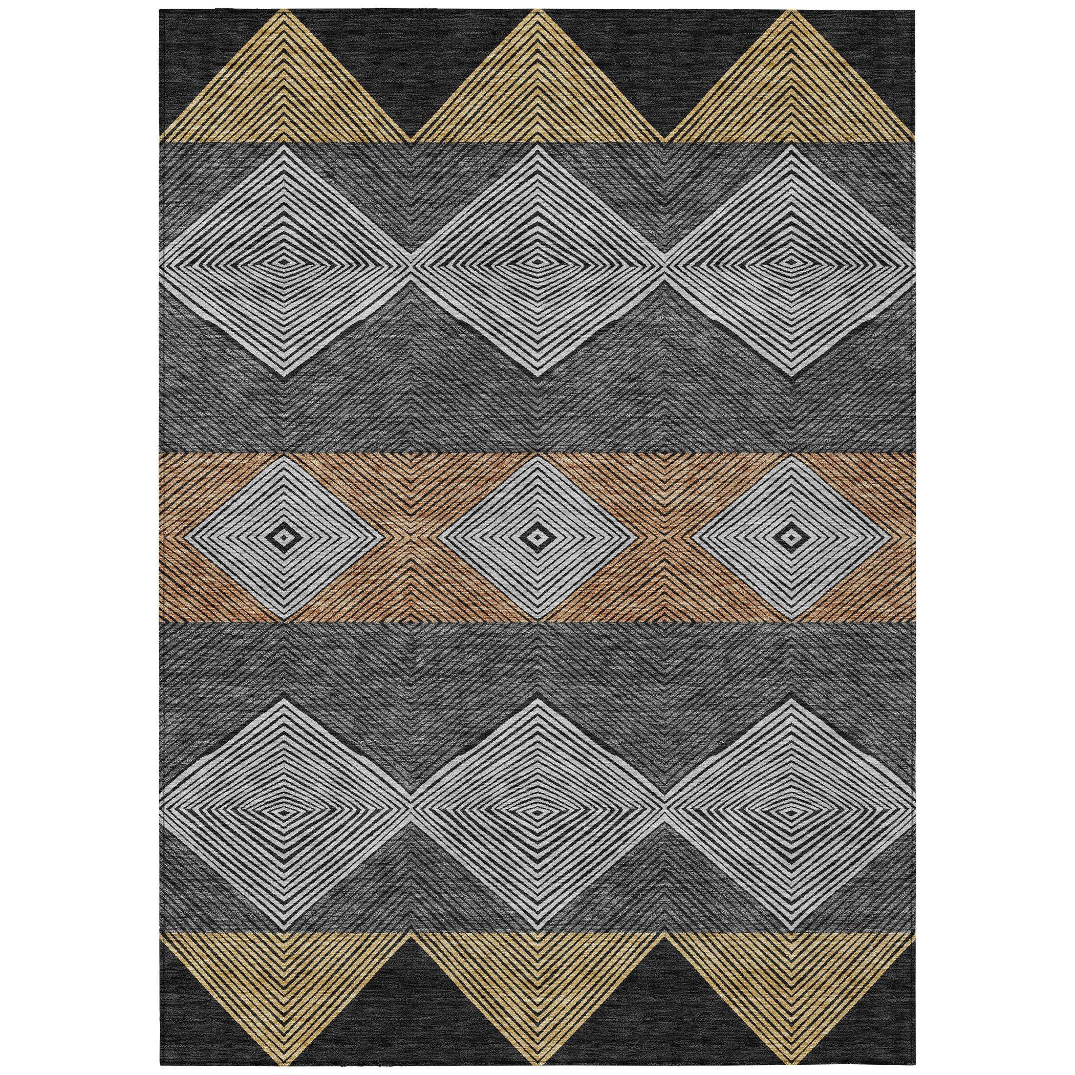 Modern geometric area rug in grey, black, and brown, featuring bold diamond patterns on a durable woven fabric.