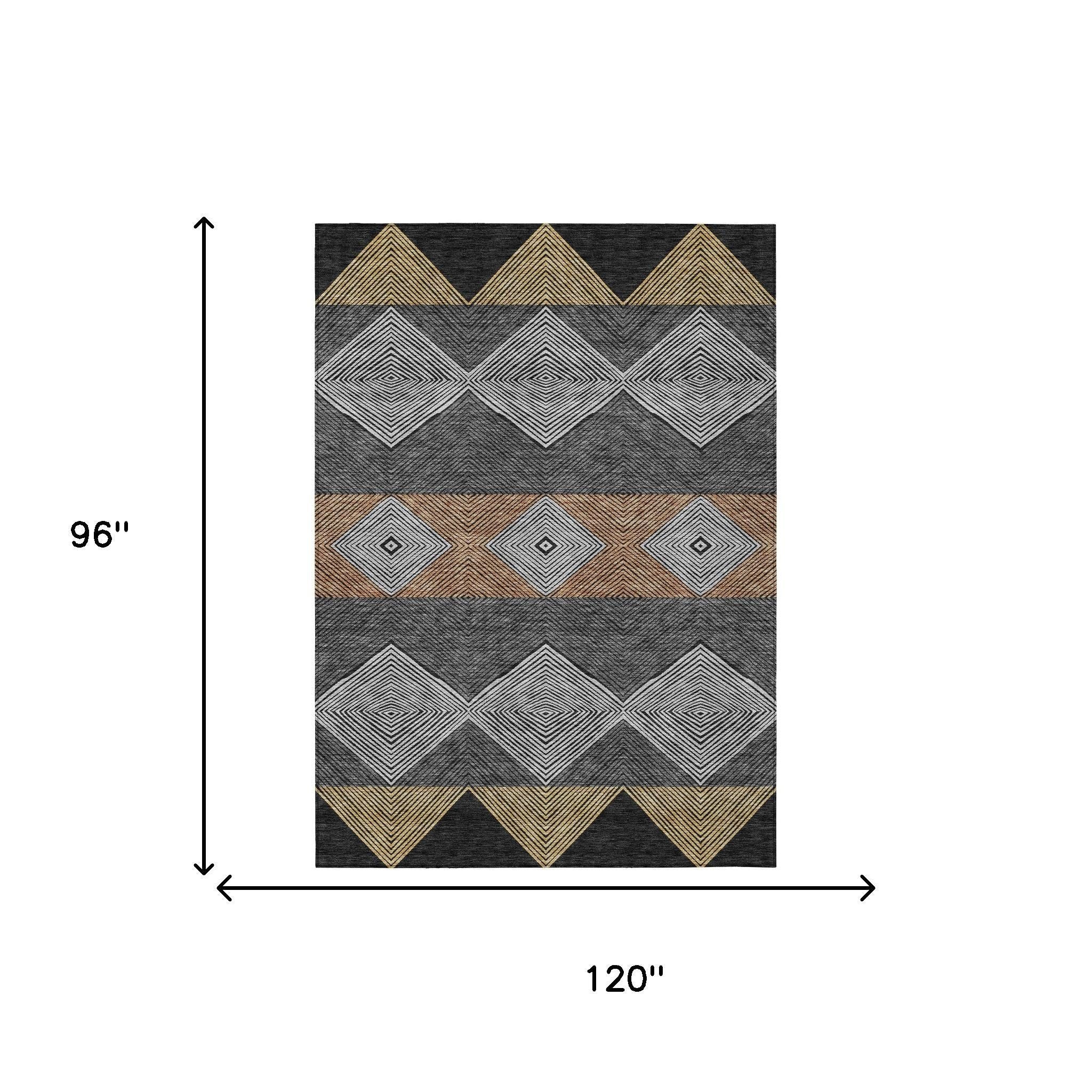 Geometric area rug in black, gray, and tan, 120"x96", featuring bold diamond patterns and a modern design.
