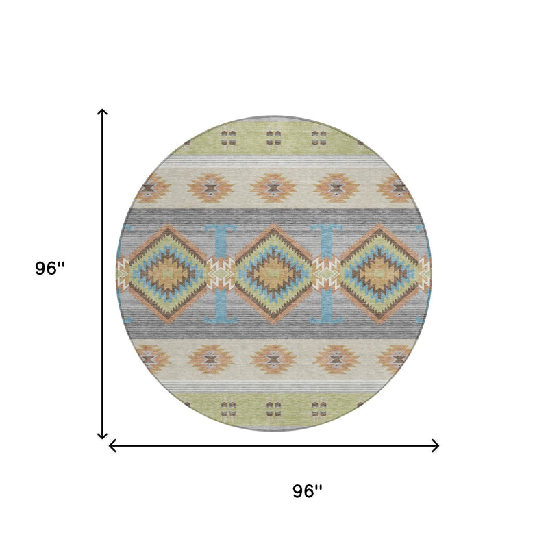 Round area rug shown with 96 in diameter and southwestern geometric border pattern
