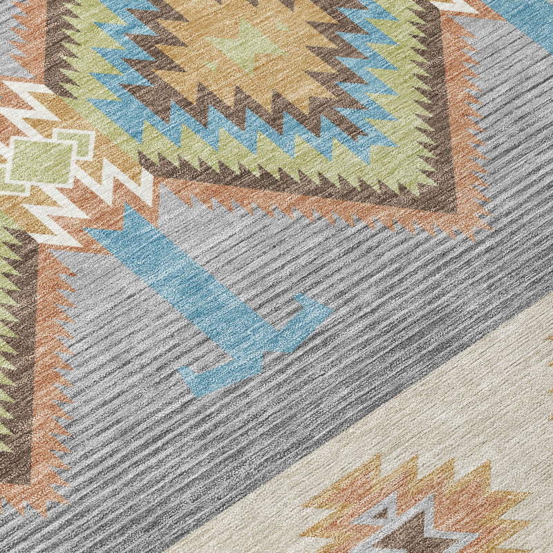 Round area rug detail with textured stripes and diamond motifs in blue, tan, and gray