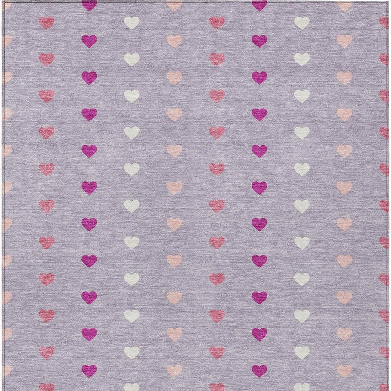 Rectangular lavender area rug with dense multicolor heart pattern and border
