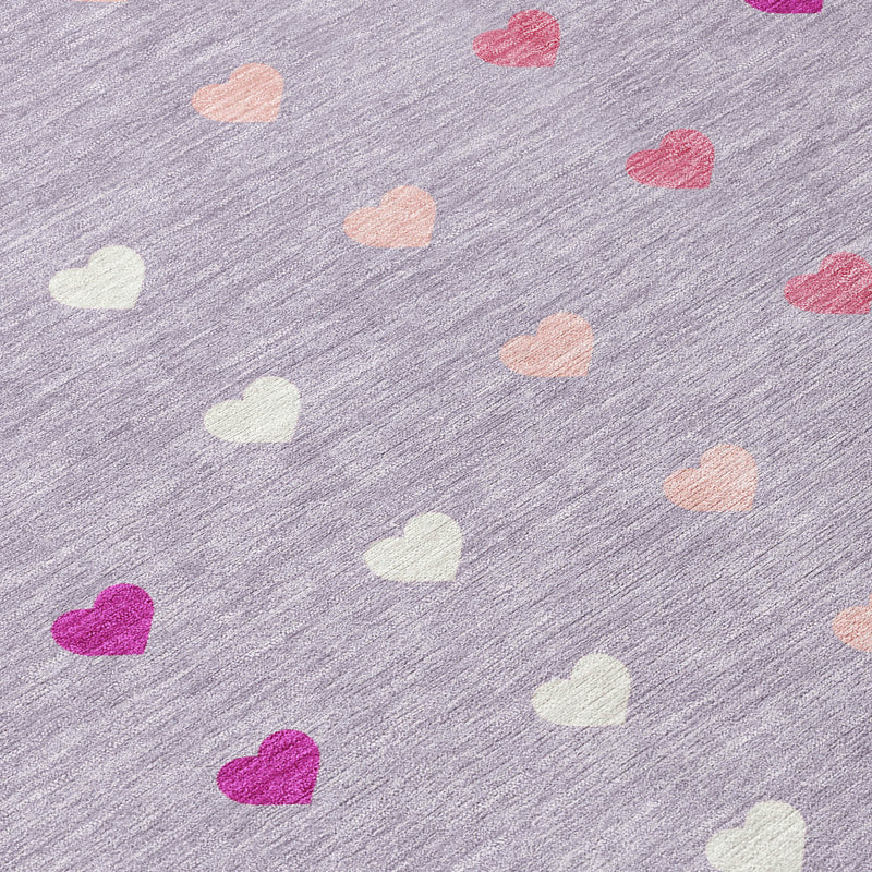 Lavender area rug fabric texture with small multicolor hearts motif