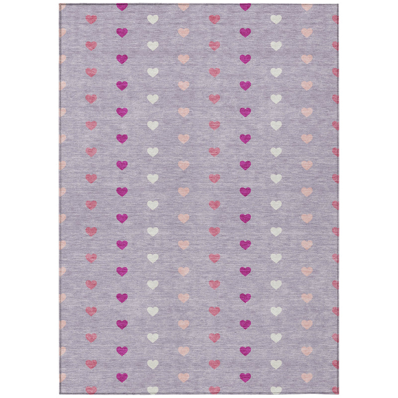 Full lavender heart-pattern indoor outdoor area rug with multicolor hearts