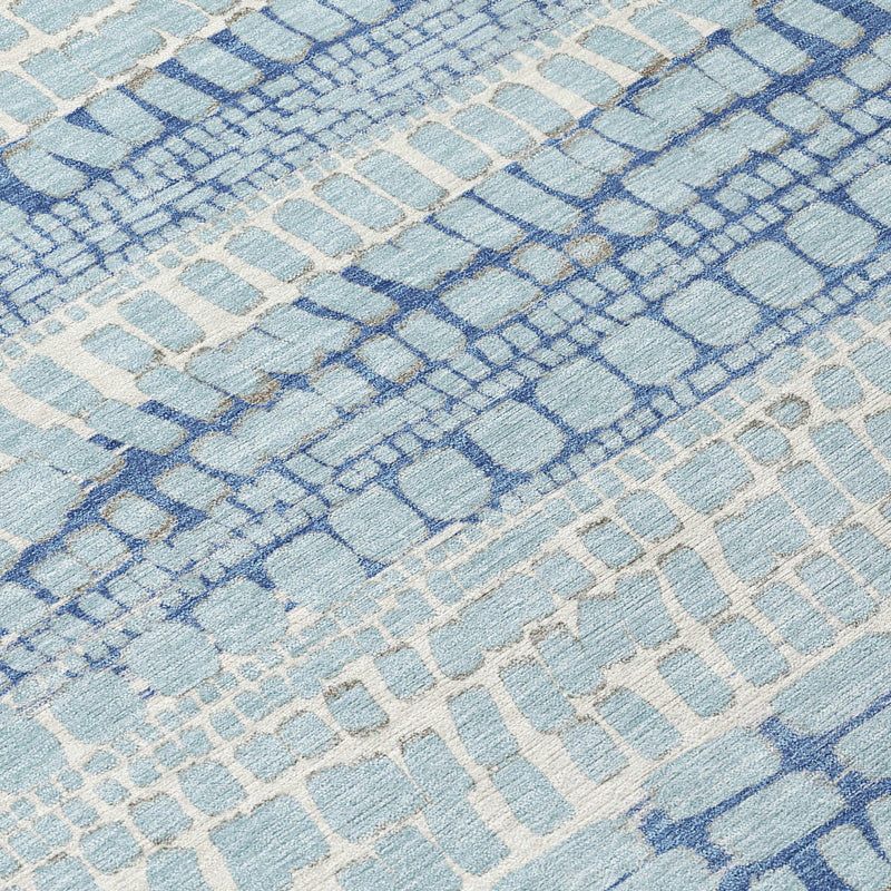 Blue geometric grid abstract area rug in light sky blue and darker blue