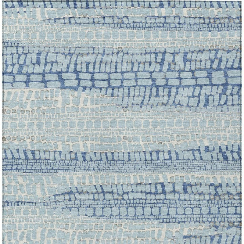 Light blue and blue abstract area rug with horizontal stripe mosaic design