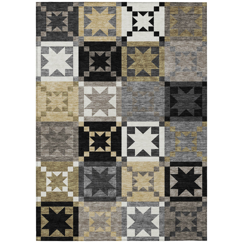 Rectangle area rug featuring patchwork squares, star designs, and a black-and-brown palette