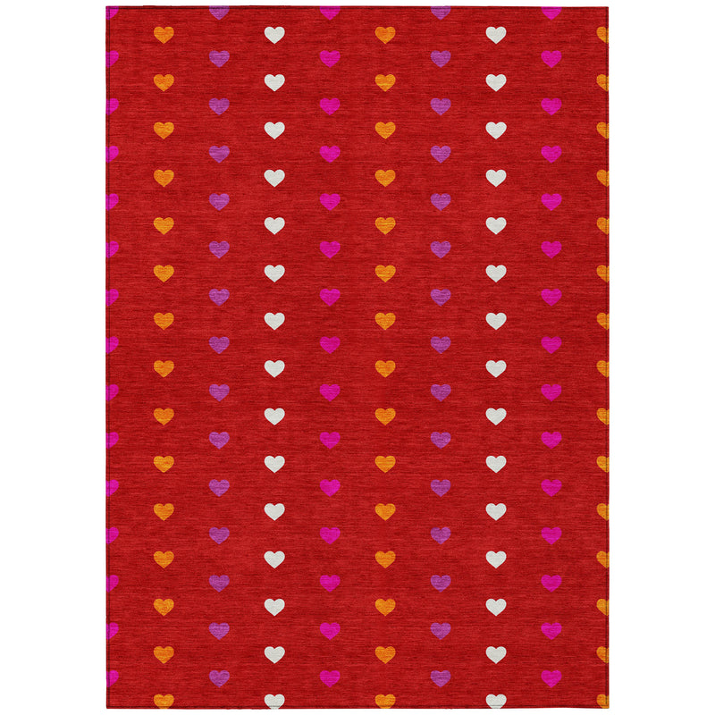 Red heart-pattern area rug with multicolor hearts, full rug view