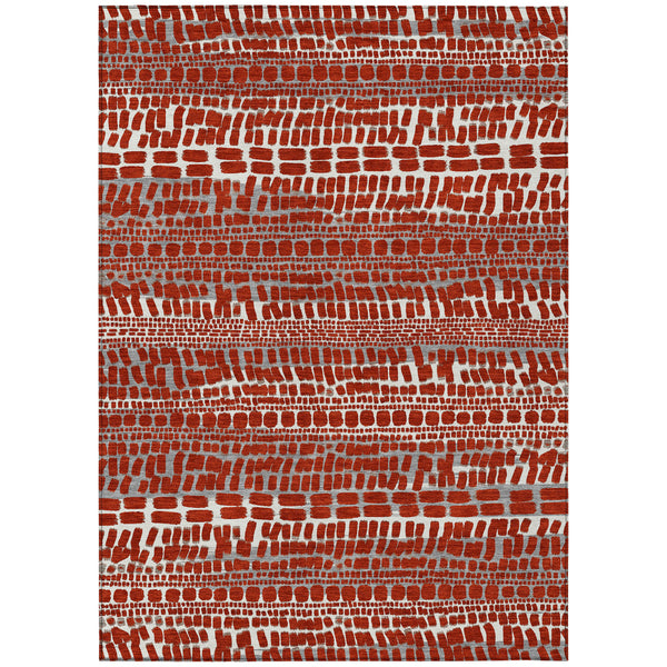 Red abstract area rug with gray and white brick-pattern stripes, flat woven look.