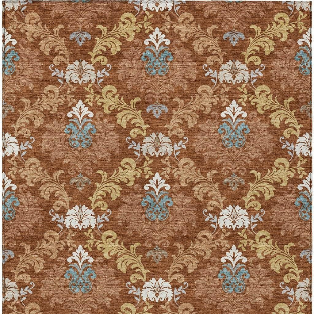 3' X 5' Orange And Gold Damask Washable Indoor Outdoor Area Rug - Sports & Outdoor
