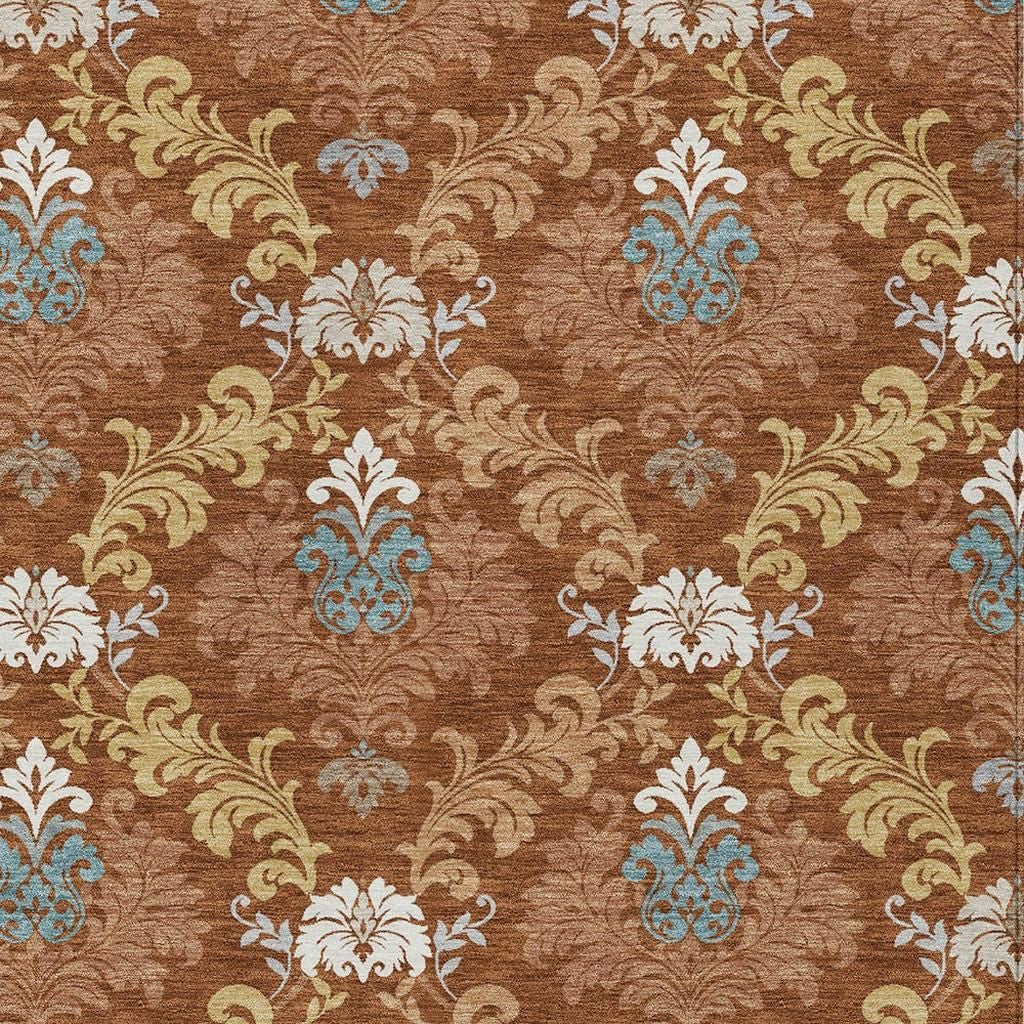 3' X 5' Orange And Gold Damask Washable Indoor Outdoor Area Rug - Sports & Outdoor