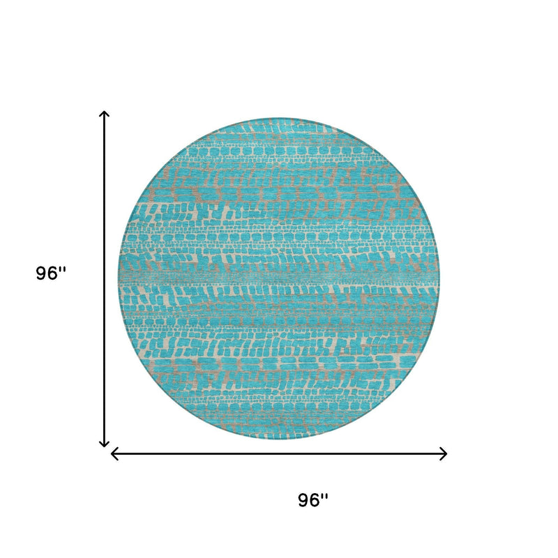 Round area rug, 96 in diameter, teal and turquoise abstract brick-like pattern