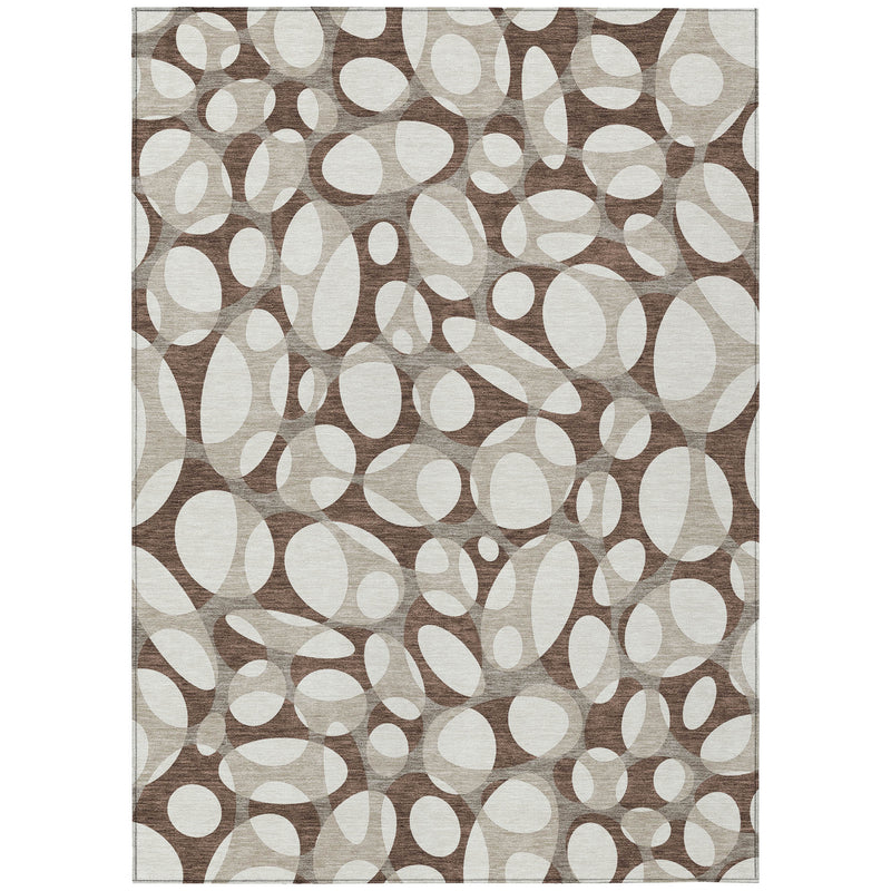 Rectangular indoor outdoor area rug with abstract oval motif in chocolate and beige