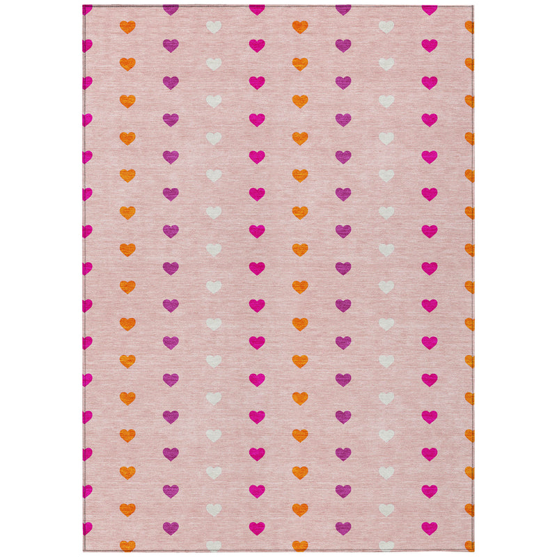 Pink and ivory heart-pattern area rug with colorful hearts, full design view