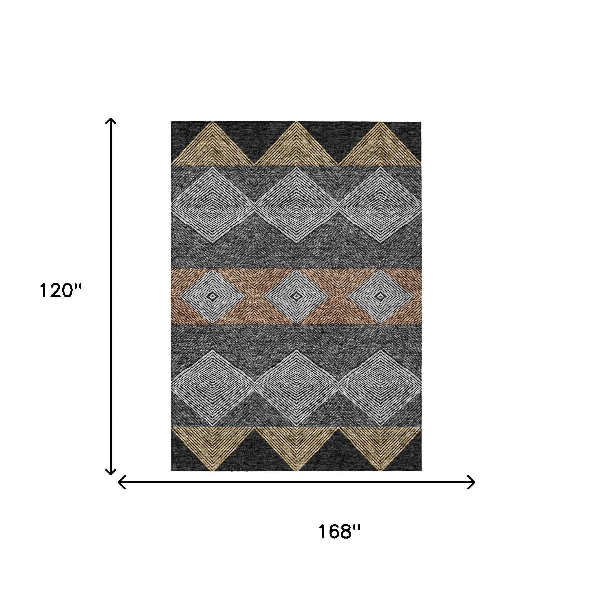 10' X 14' Black And Granite Gray Geometric Washable Indoor Outdoor Area Rug - Sports & Outdoor