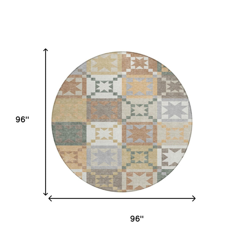 Round rug (96 in diameter) with patchwork geometric stars and stripes in ivory and gray