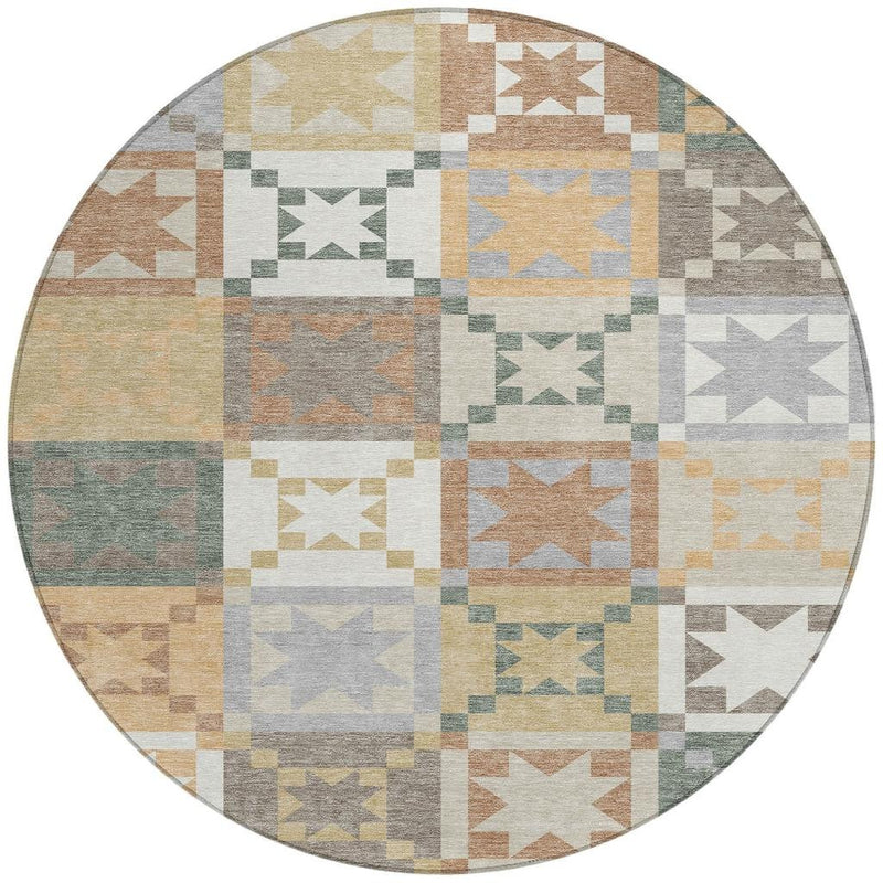 Round patchwork rug with geometric star blocks and borders in ivory, gray, tan, and sage