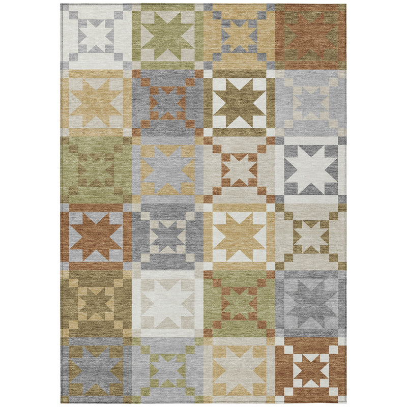 Full patchwork area rug featuring geometric star blocks in gray, cream, olive, and warm rust tones
