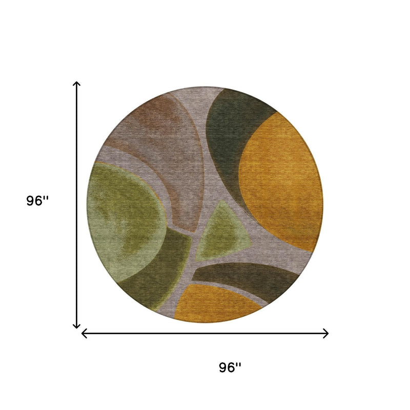 96-inch round abstract area rug with multicolor curved pattern in taupe, olive, and gold