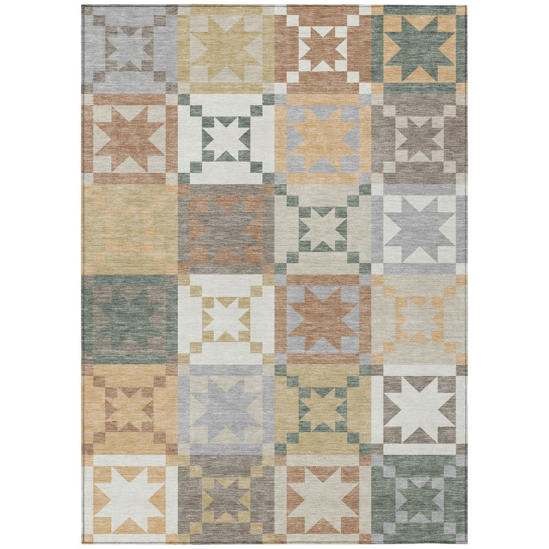 Rectangular patchwork area rug with star and geometric blocks in ivory, silver, gray and teal