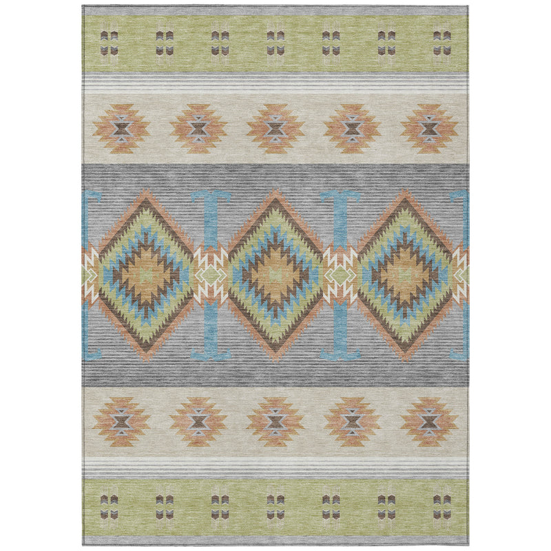 Geometric southwestern area rug with diamond motifs and stripe bands in green, gray, and blue.