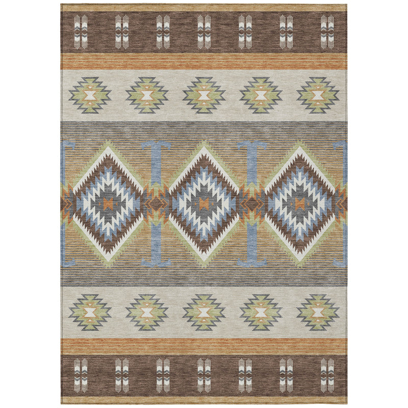 Southwestern area rug with medallion diamonds, aztec patterns, and brown border