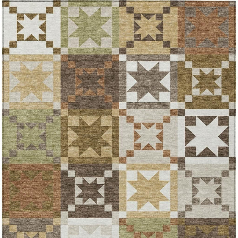 Multicolor patchwork area rug with large central star medallion and surrounding blocks